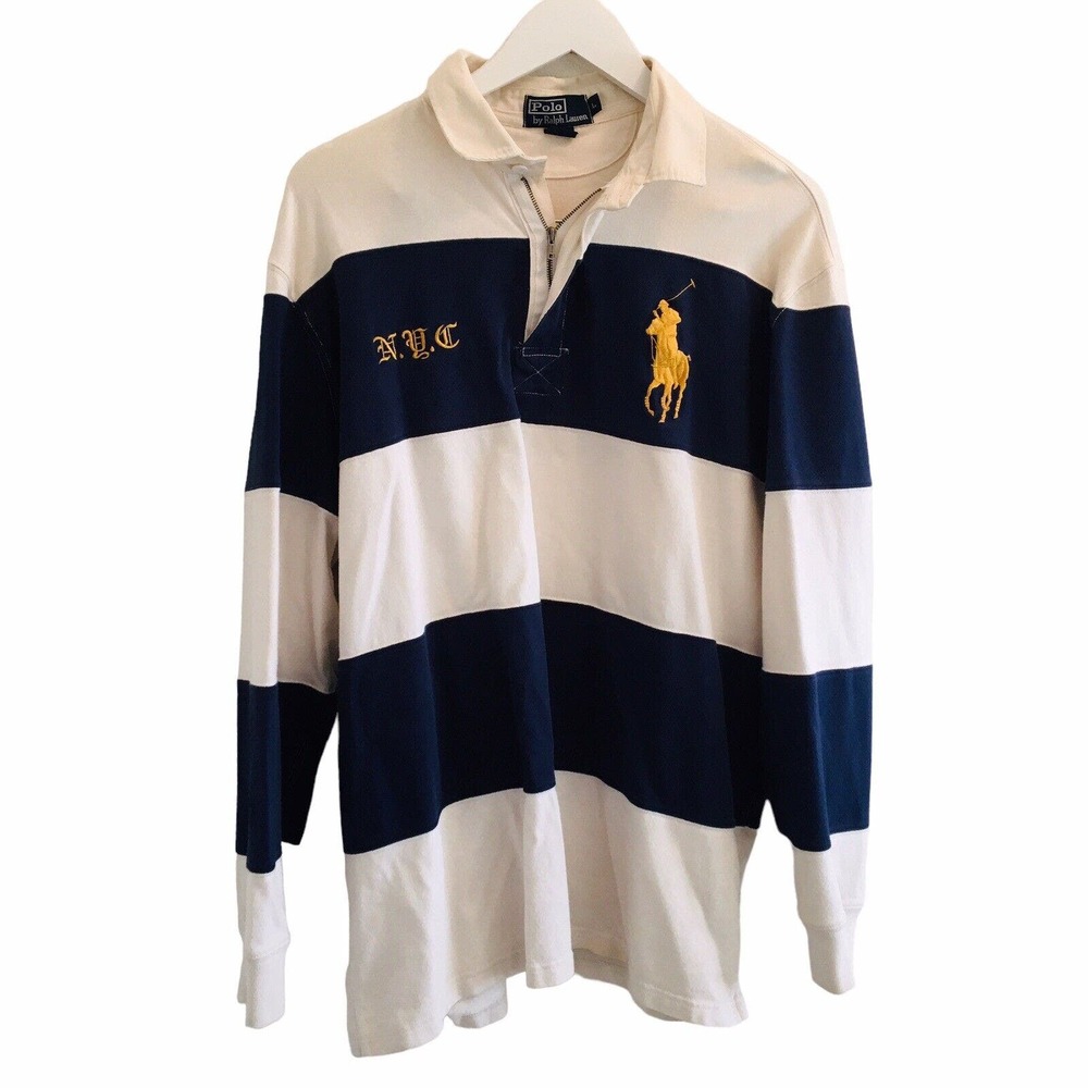 Vtg Polo Ralph Lauren Mens L Quarter Zip Big Pony Old English NYC Crest Rugby